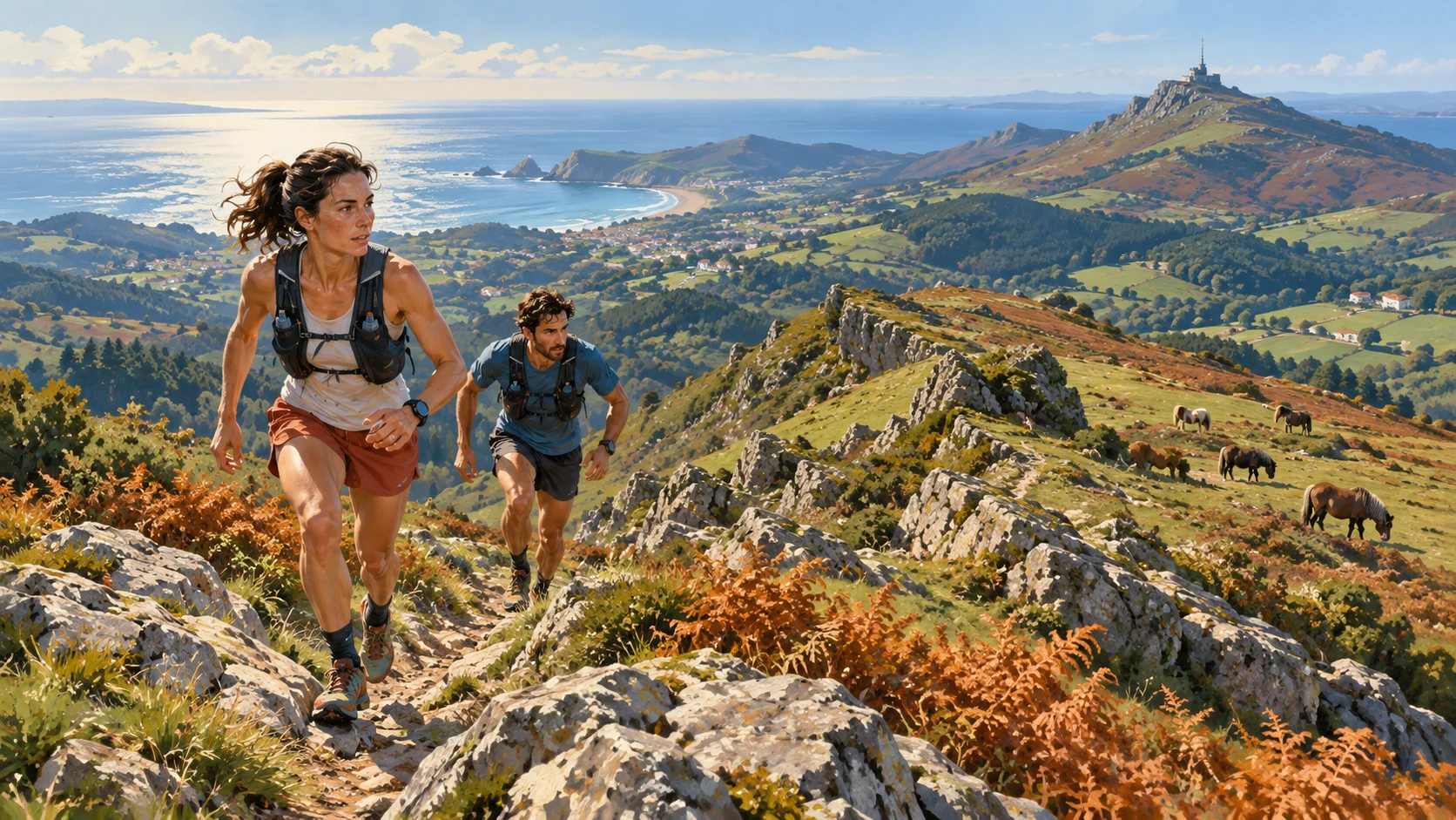 Deux coureurs montent une crête basque verdoyante avec l’océan à l’horizon et des pottok au loin.