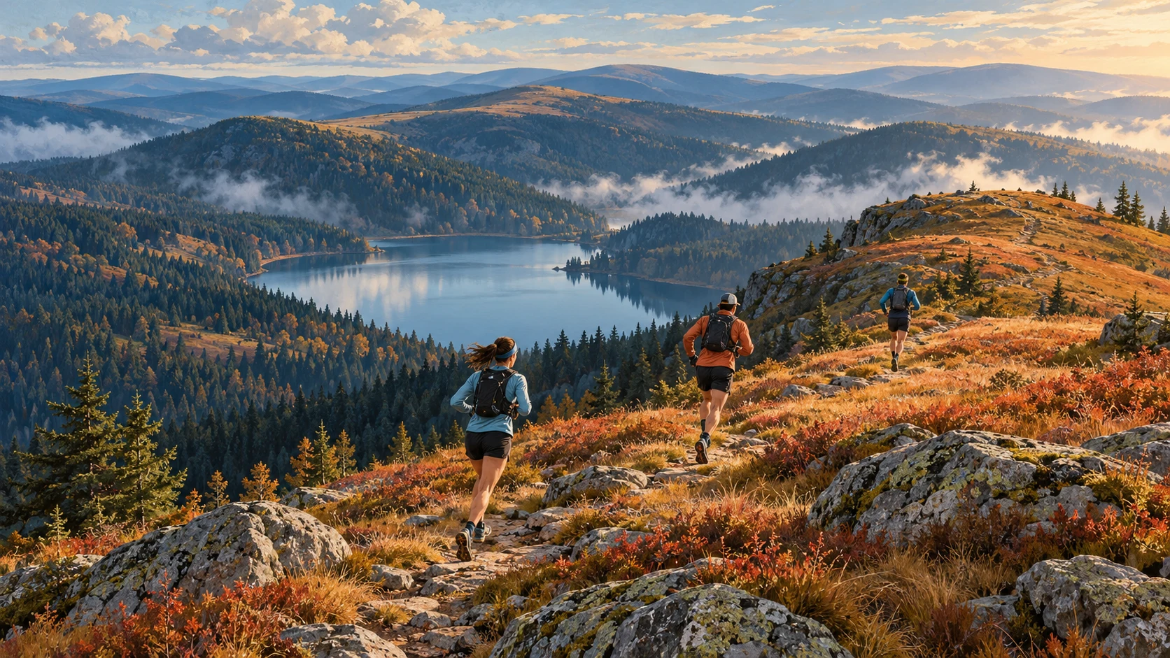 Des coureurs progressent sur une crête arrondie des Vosges au-dessus d’un lac et des forêts de sapins.