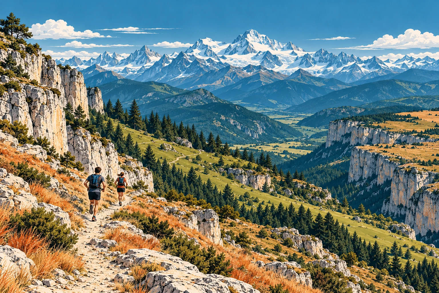 Illustration de deux coureurs sur un sentier français, entre falaises calcaires, forêts et sommets alpins enneigés.