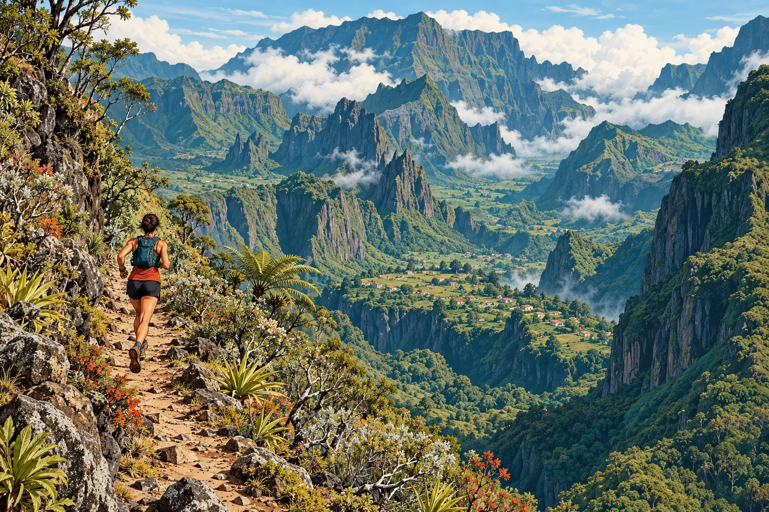 Illustration d’une coureuse sur un sentier rocheux au-dessus d’un cirque volcanique verdoyant à La Réunion.